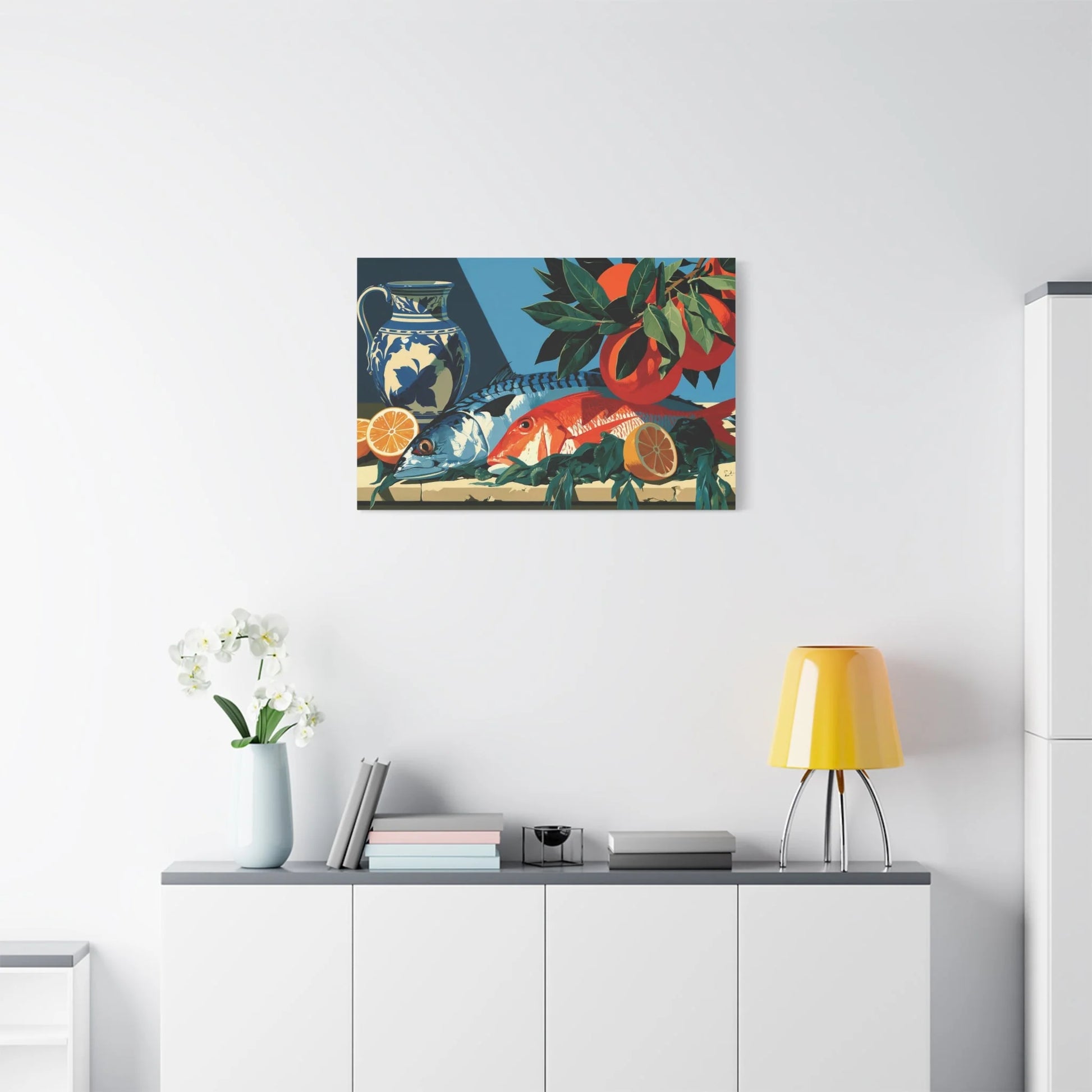 Tableau Nature Morte Poisson Corail Mer - Table Marine - ambiance loft haut de plafond