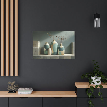 Tableau Trio céramiques vert sauge atmosphère atelier