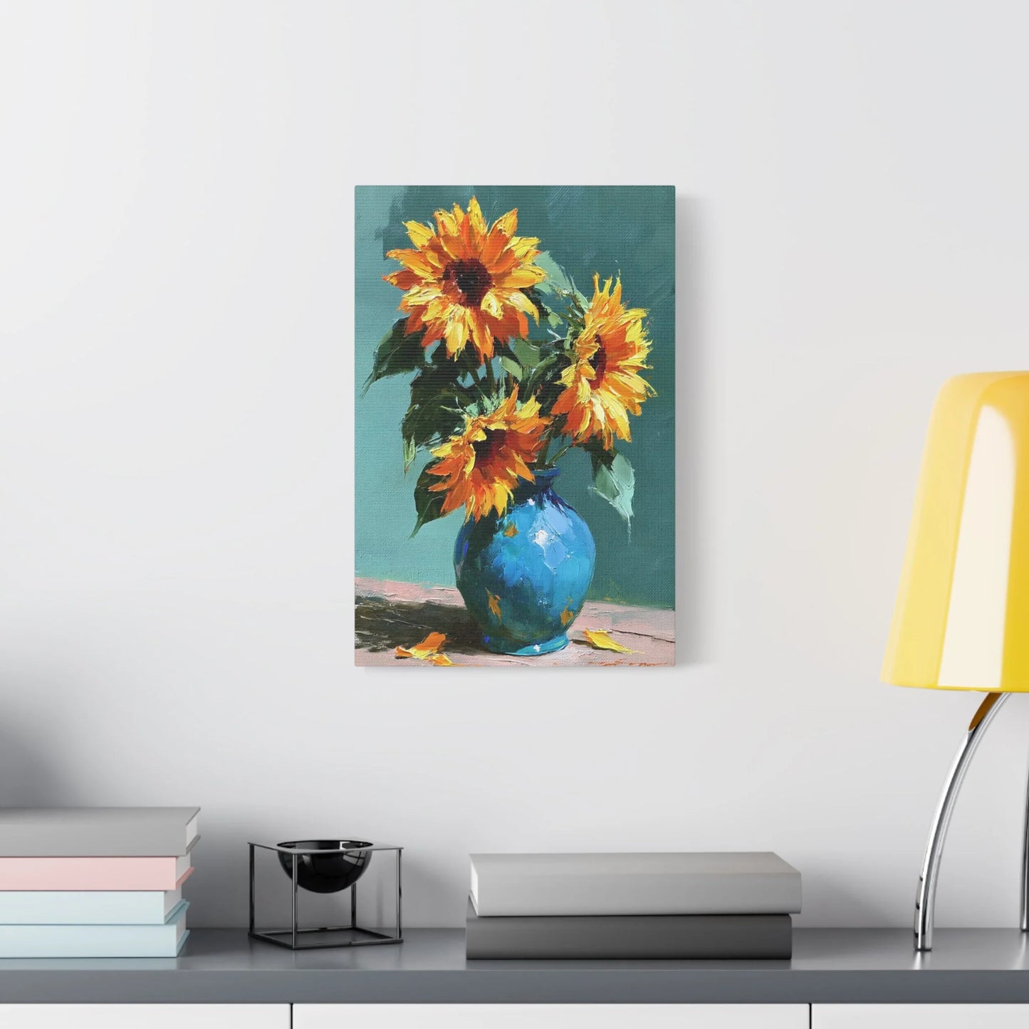 Tableau Nature Morte Bouquet Tournesols Impressionniste - Soleil en Vase - décor salon contemporain bois