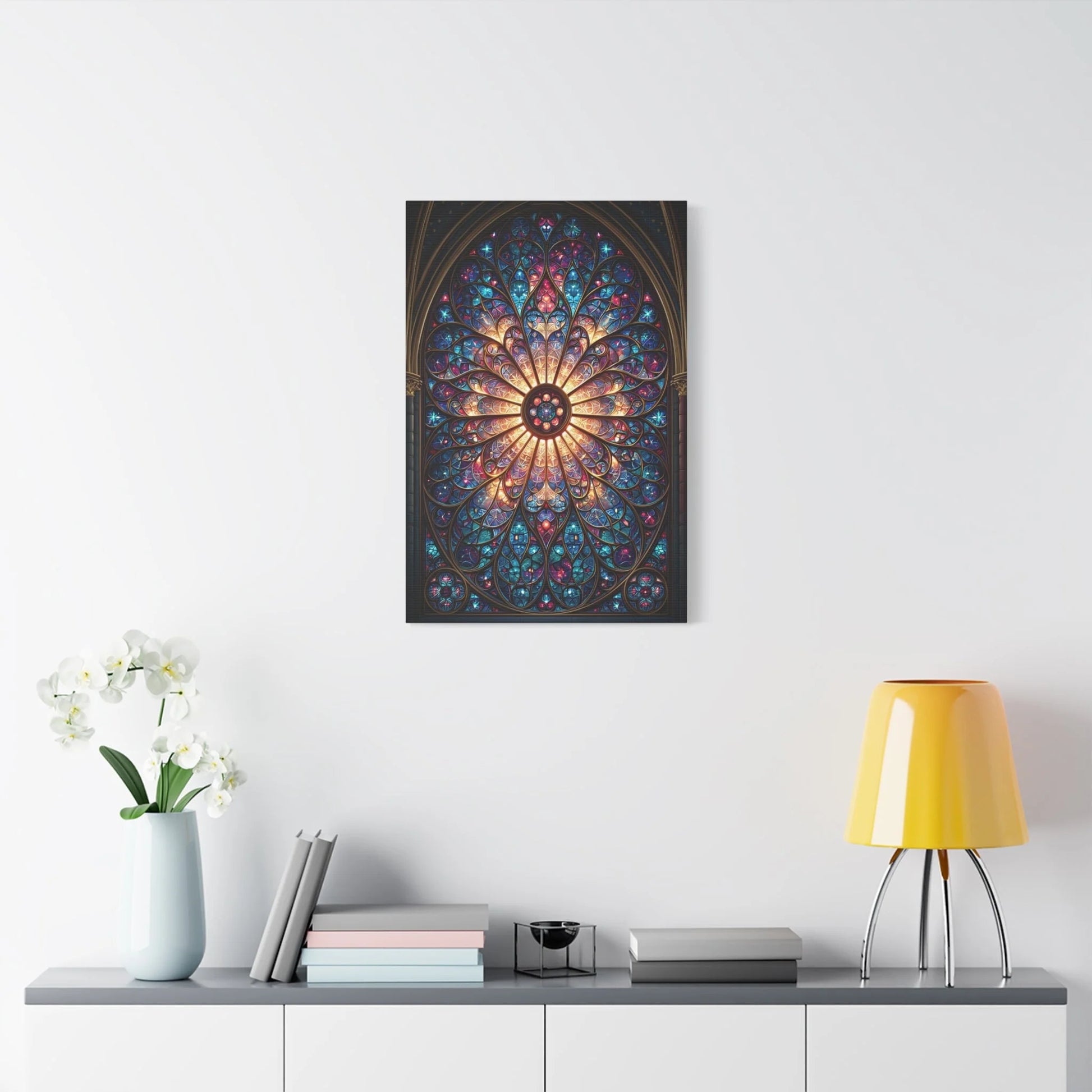 Tableau en Mosaïque Vitrail Gothique Rosace - Lumière Sacrée - grand format salon spacieux