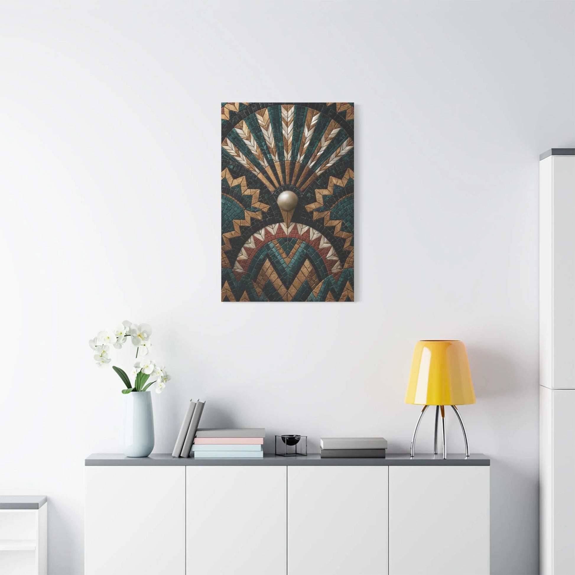 Tableau en Mosaïque Art Déco Éventail - Symétrie Dorée - ambiance loft haut de plafond