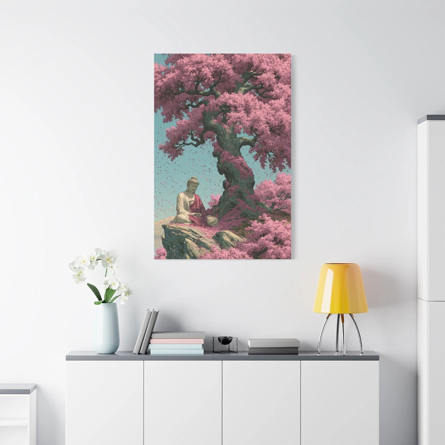 Tableau Bouddha Sakura - Cerisier en Fleurs Japonais - vue mur grande hauteur