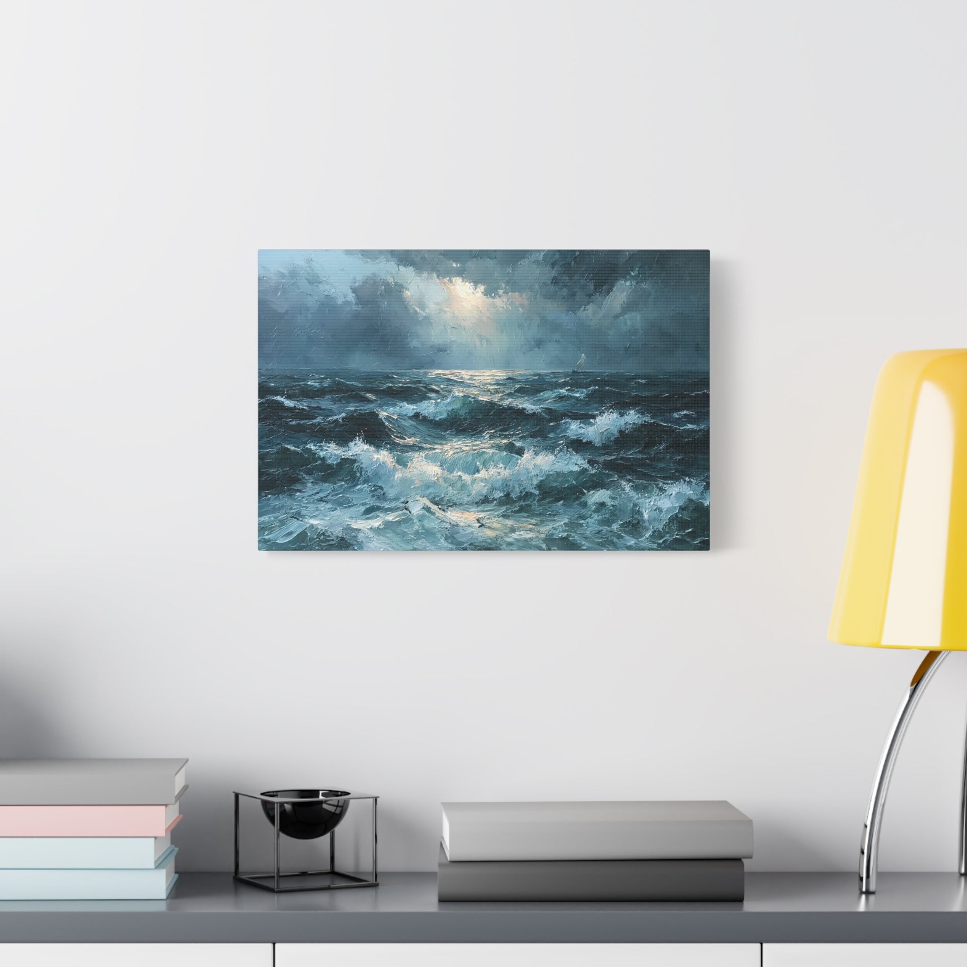Mer houleuse sombre sous un ciel orageux avec petit voilier a l horizon - Art Virtuoso - vue 7/20