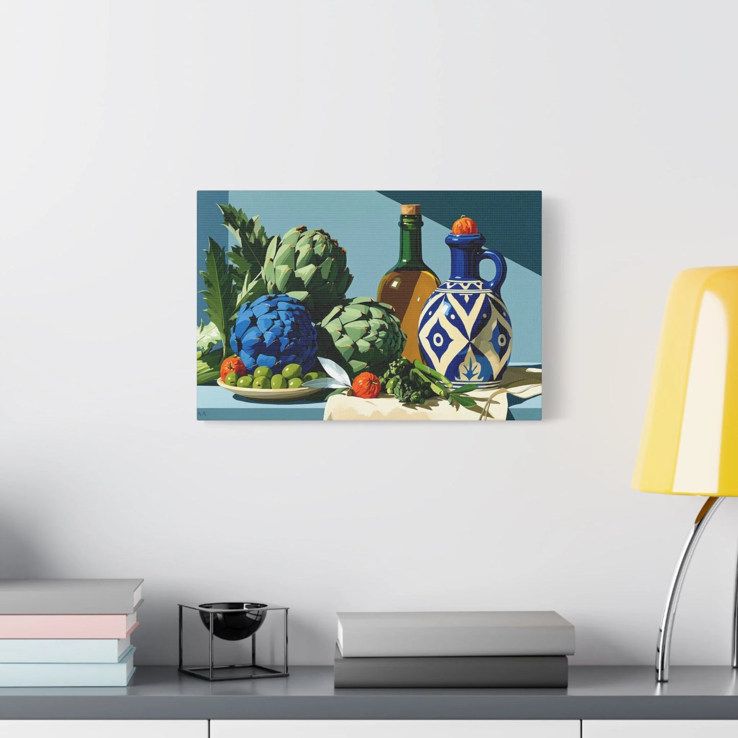 Tableau Nature Morte Artichauts Olives Asperges Vert Sauge - Marché Végétal - décor salon contemporain bois
