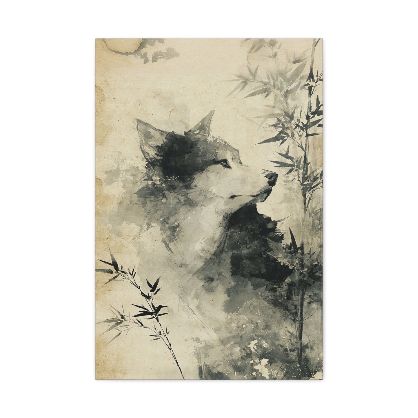 Tableau Loup Sumi-e - Encre du Mont Fuji - intégration salon scandinave