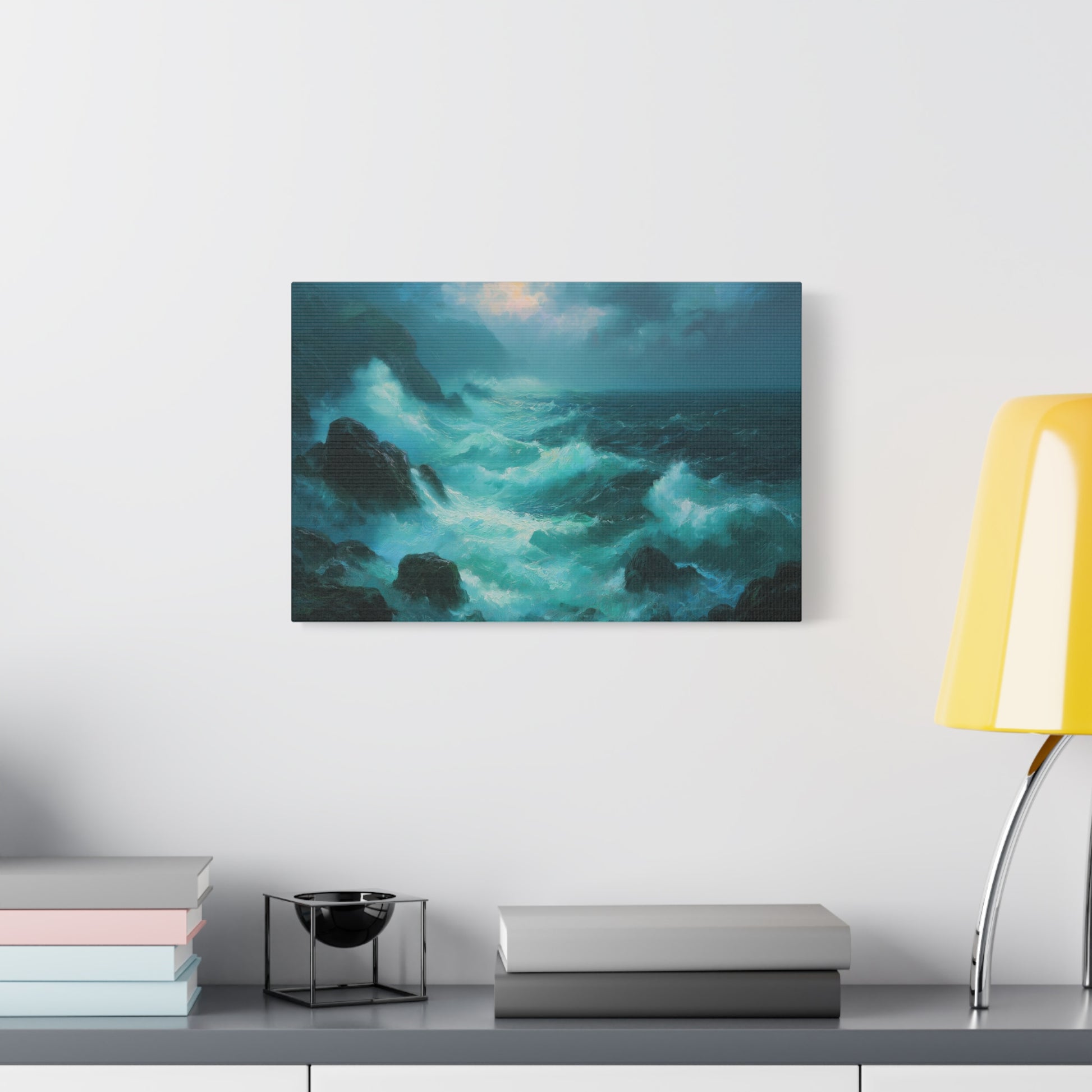 Mer agitee turquoise avec rochers noirs ecume blanche et ciel de tempete - Art Virtuoso - vue 7/20