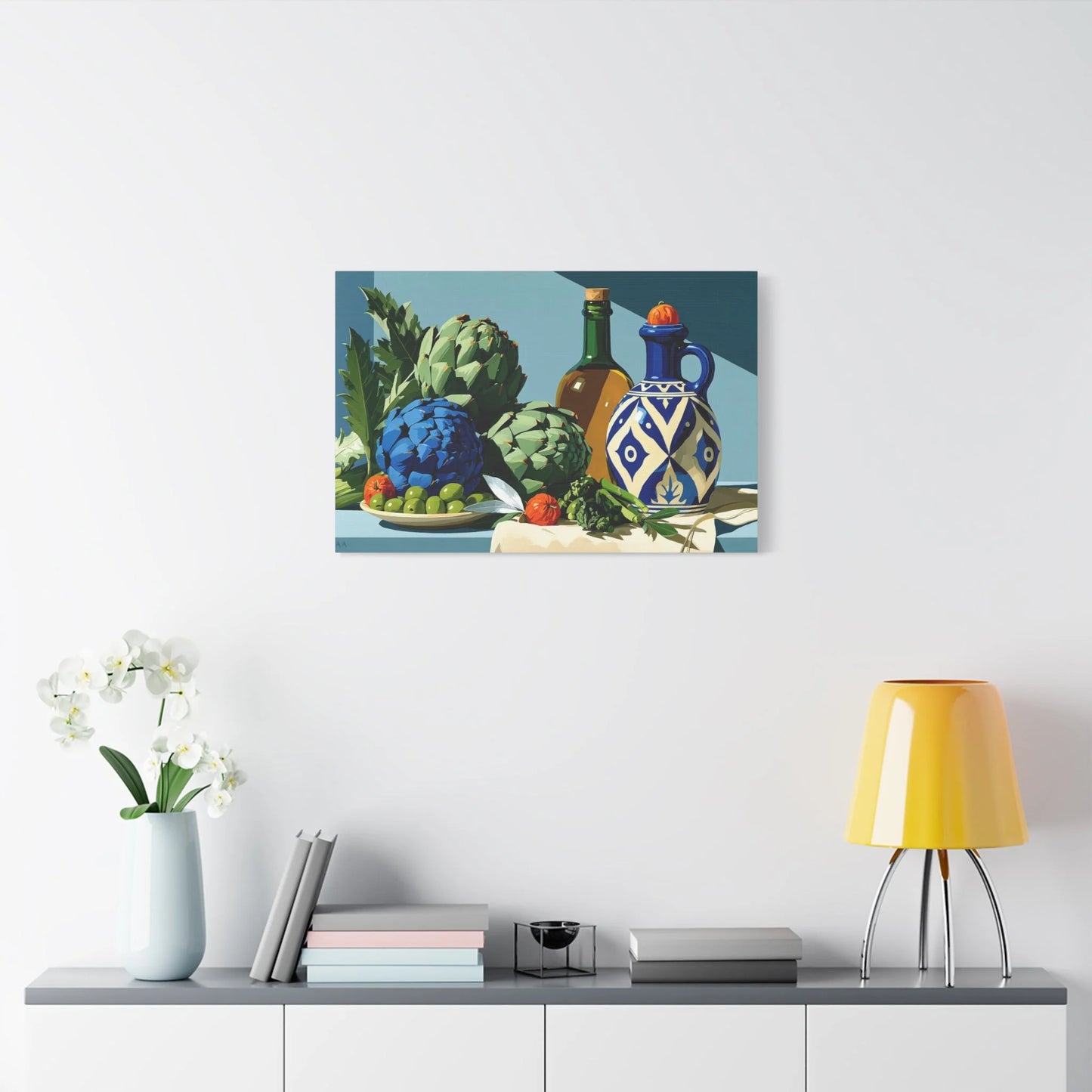 Tableau Nature Morte Artichauts Olives Asperges Vert Sauge - Marché Végétal - grand format salon spacieux