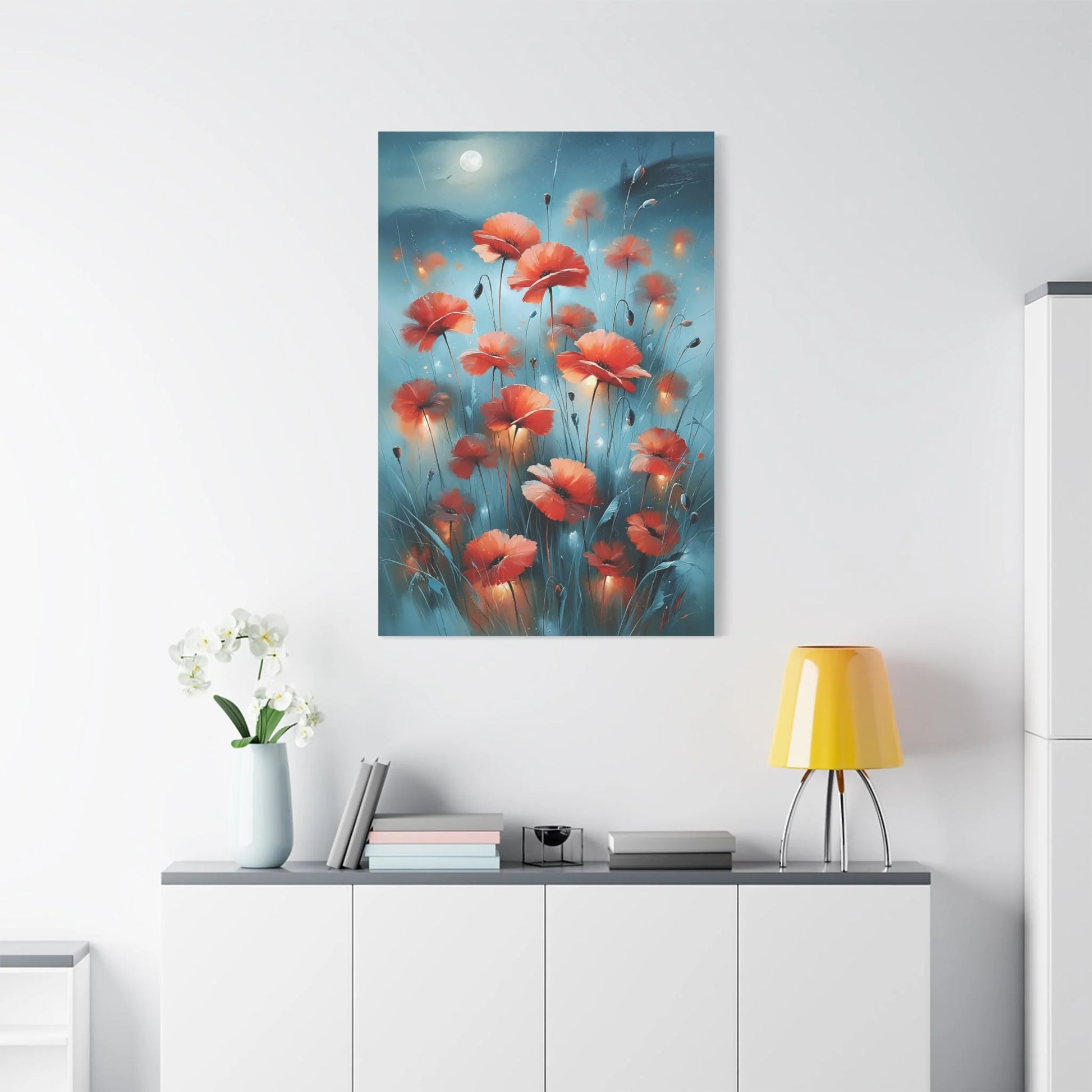 Tableau Coquelicots de Nuit - Clair de Lune - vue mur grande hauteur