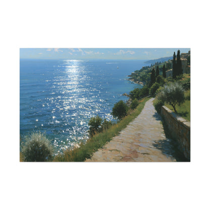 Promenade mediterraneenne avec cypres et soleil brillant sur la mer - Art Virtuoso - vue 5/20