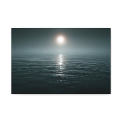 Mer calme brumeuse avec soleil pale et petit voilier a l horizon - Art Virtuoso - vue 1/20