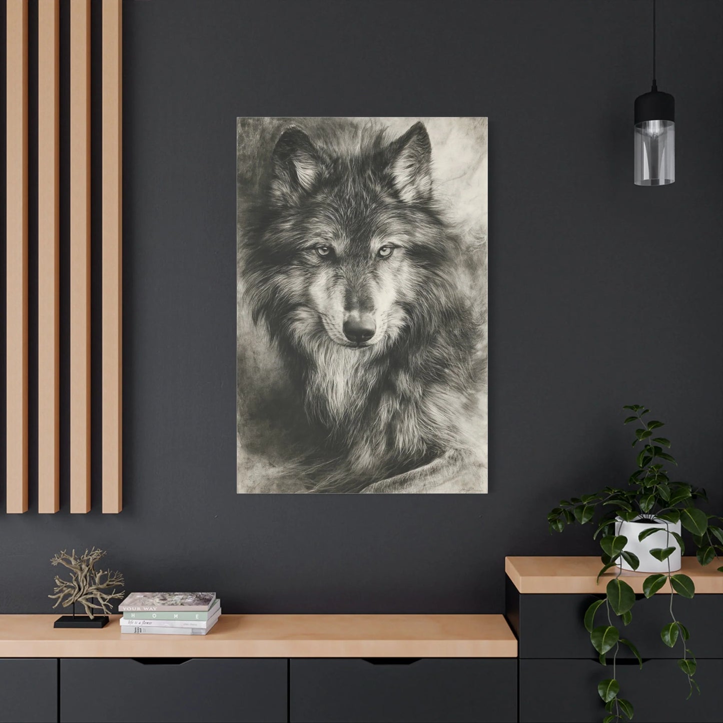Tableau Loup Portrait - Fusain Noir et Blanc - mise en scène impact maximal