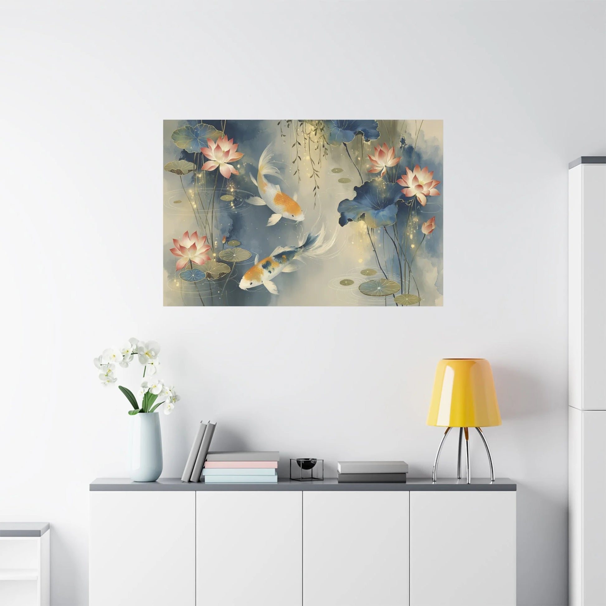 Tableau Koi étang zen dans un salon contemporain