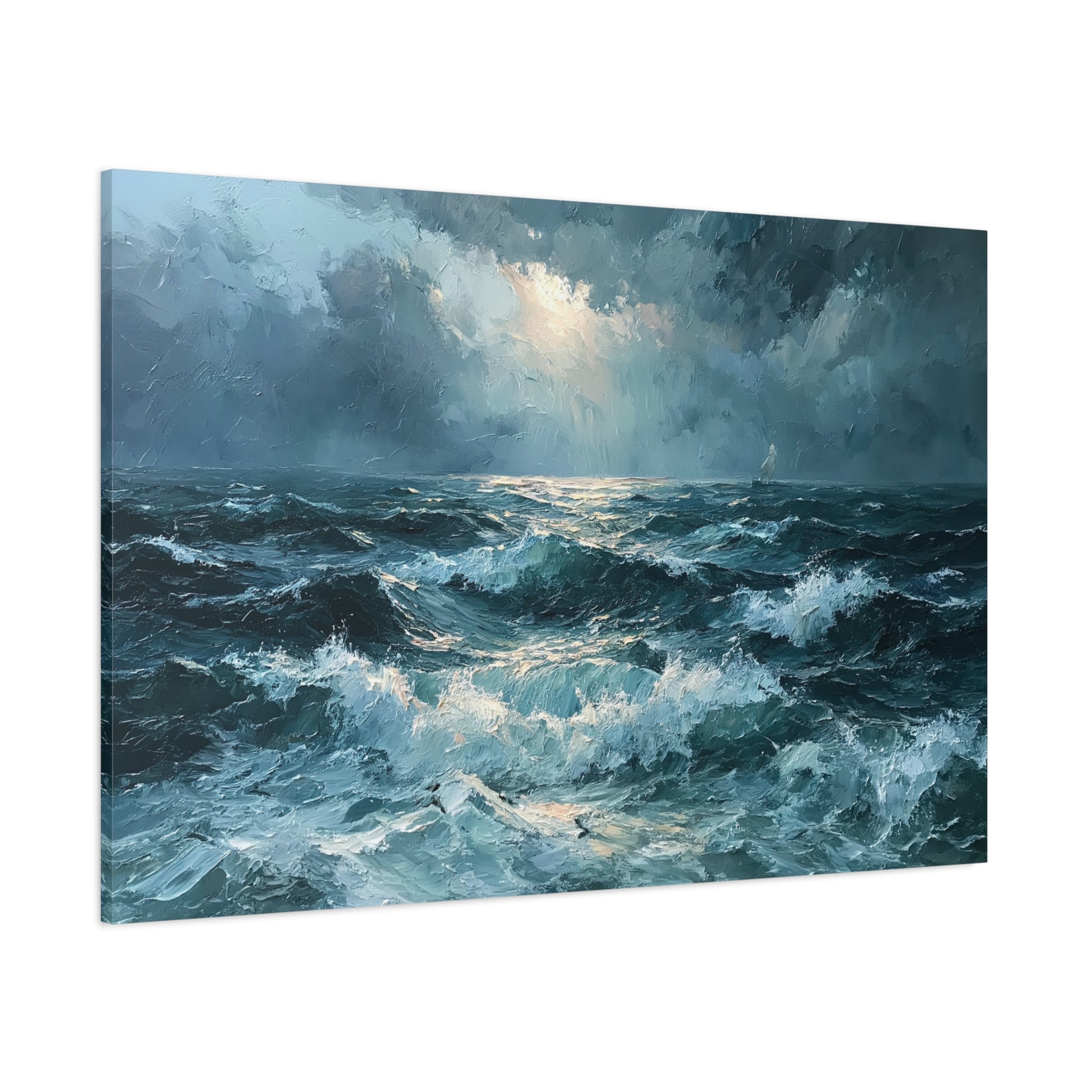 Mer houleuse sombre sous un ciel orageux avec petit voilier a l horizon - Art Virtuoso - vue 18/20