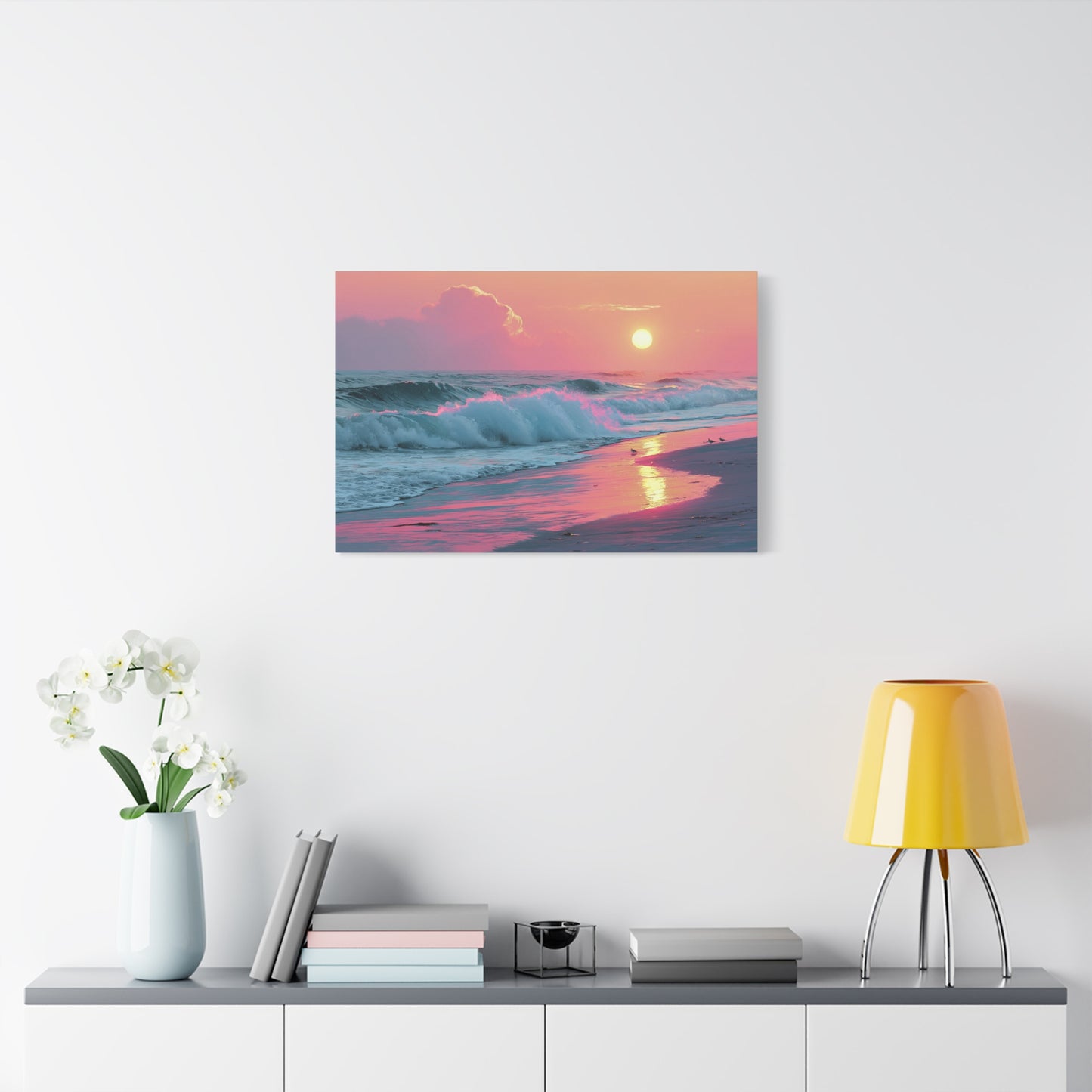 Plage au coucher de soleil pastel avec vague ecume rose et reflet dore - Art Virtuoso - vue 13/20