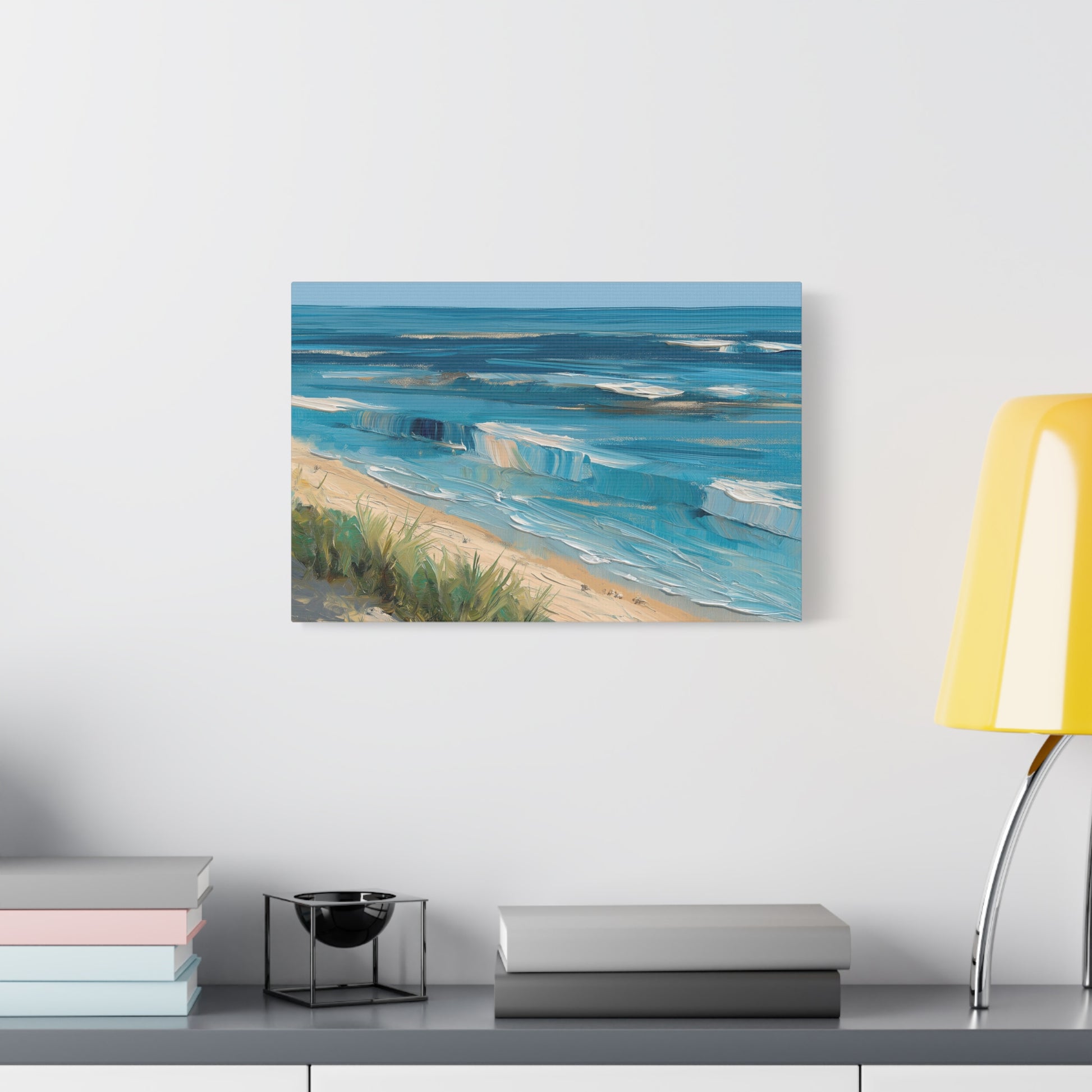 Vagues modernes en lignes bleues avec ecume blanche et plage stylisee - Art Virtuoso - vue 7/20