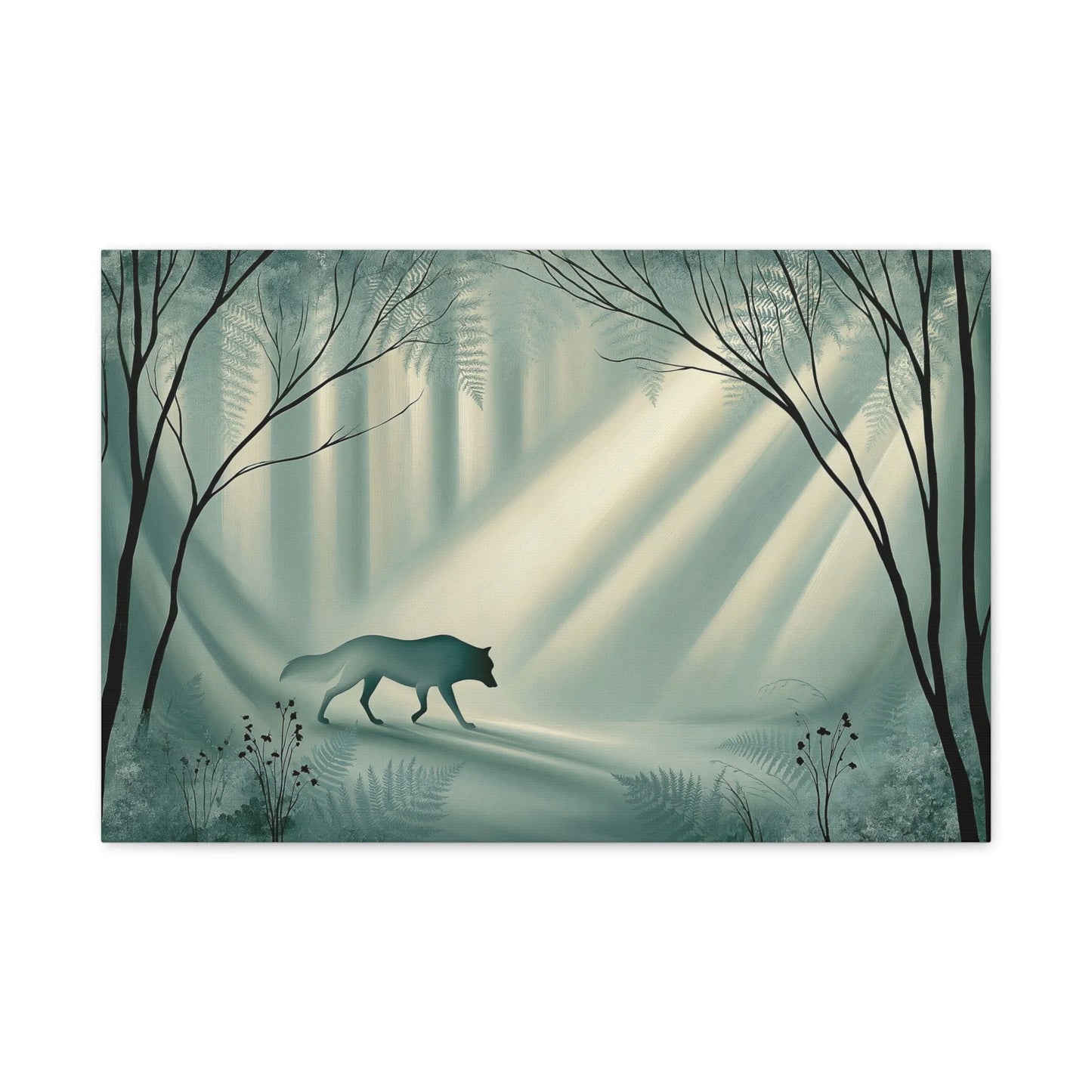 Tableau Loup en Forêt de Mousse - Vert Sauge Profond - vue mur blanc minimaliste