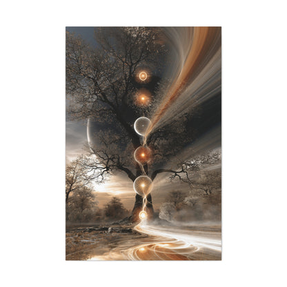Tableau Arbre de Vie Kabbale, un arbre vertical traversé de sphères lumineuses dans un paysage cosmique, format XXL - Art Virtuoso