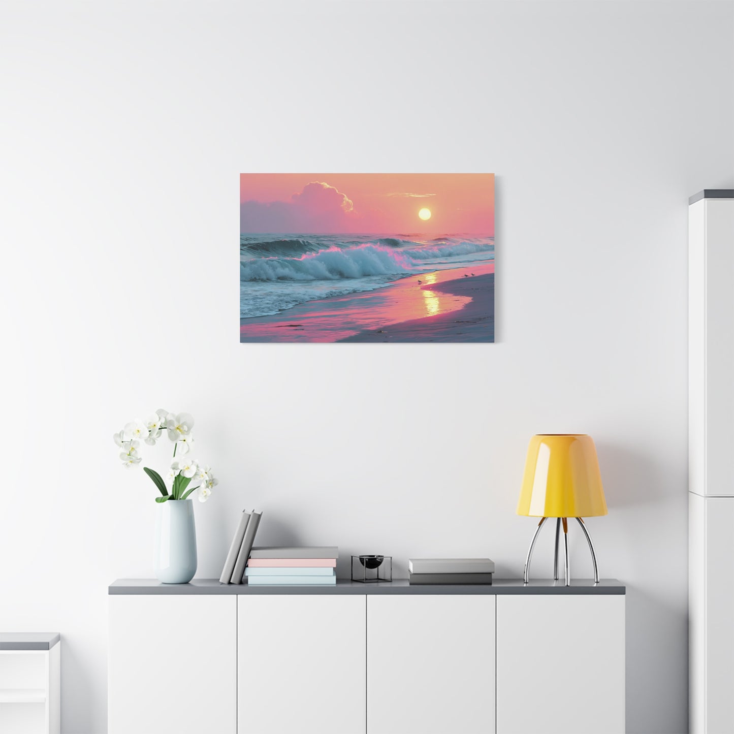 Plage au coucher de soleil pastel avec vague ecume rose et reflet dore - Art Virtuoso - vue 16/20