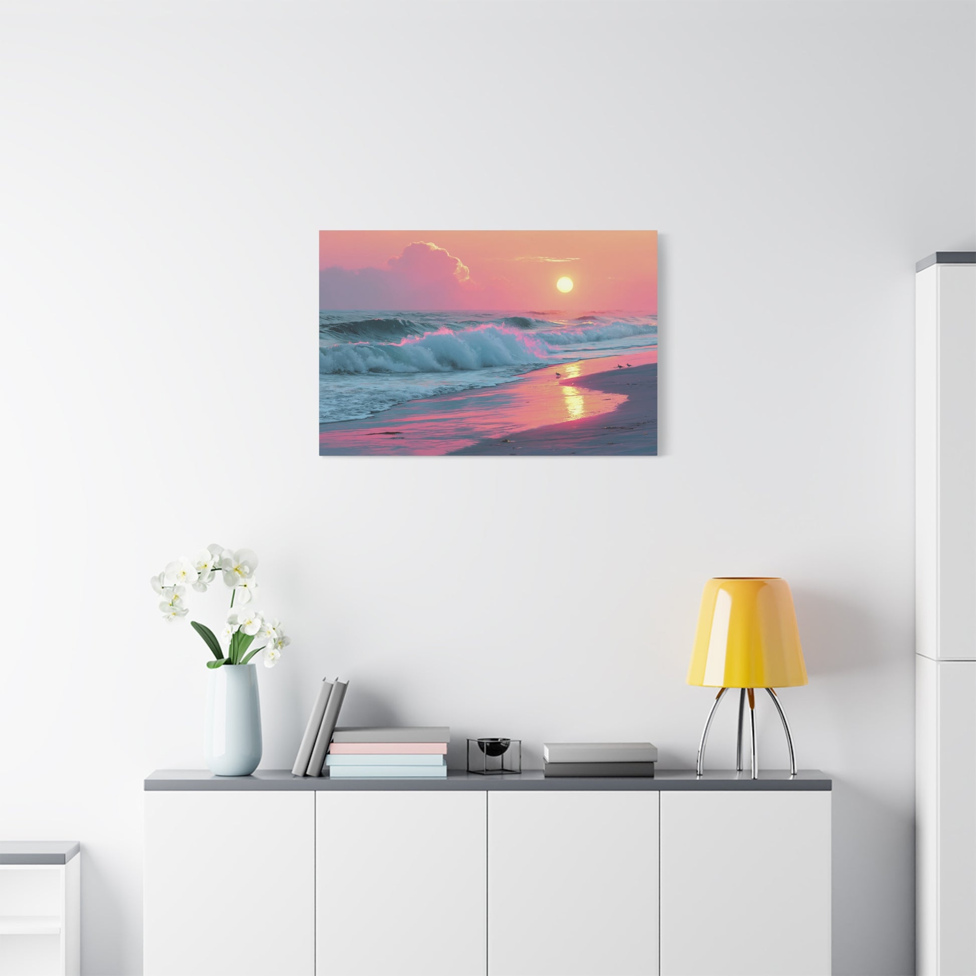 Plage au coucher de soleil pastel avec vague ecume rose et reflet dore - Art Virtuoso - vue 16/20