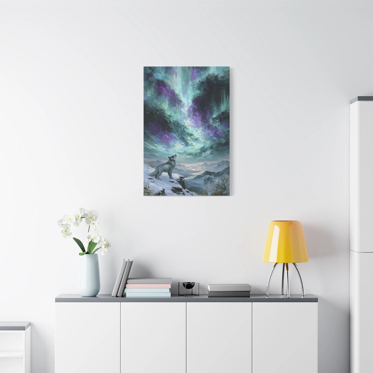 Tableau Loup Arctique - Aurore Boréale - ambiance loft haut de plafond