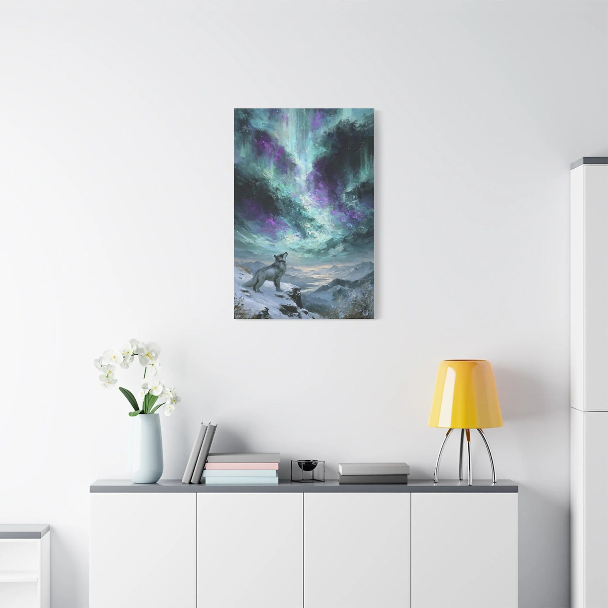 Tableau Loup Arctique - Aurore Boréale - ambiance loft haut de plafond