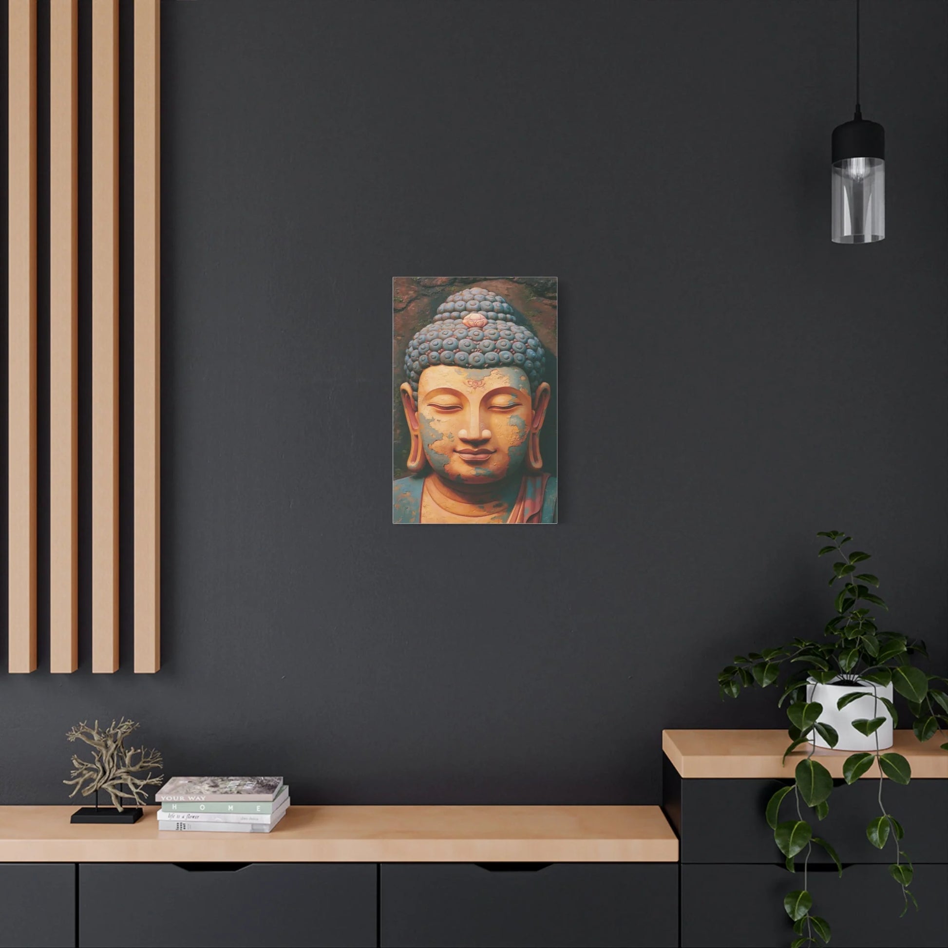 Tableau Tête de Bouddha - Sérénité de Pierre Patinée - décor pièce à vivre lumineuse