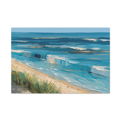 Vagues modernes en lignes bleues avec ecume blanche et plage stylisee - Art Virtuoso - vue 3/20