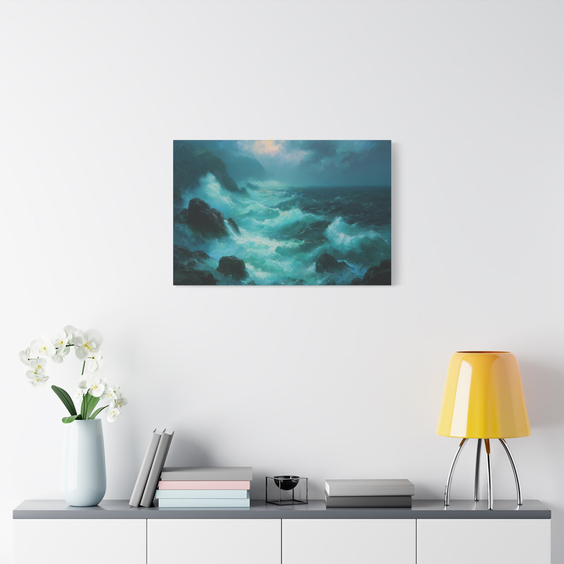 Mer agitee turquoise avec rochers noirs ecume blanche et ciel de tempete - Art Virtuoso - vue 13/20