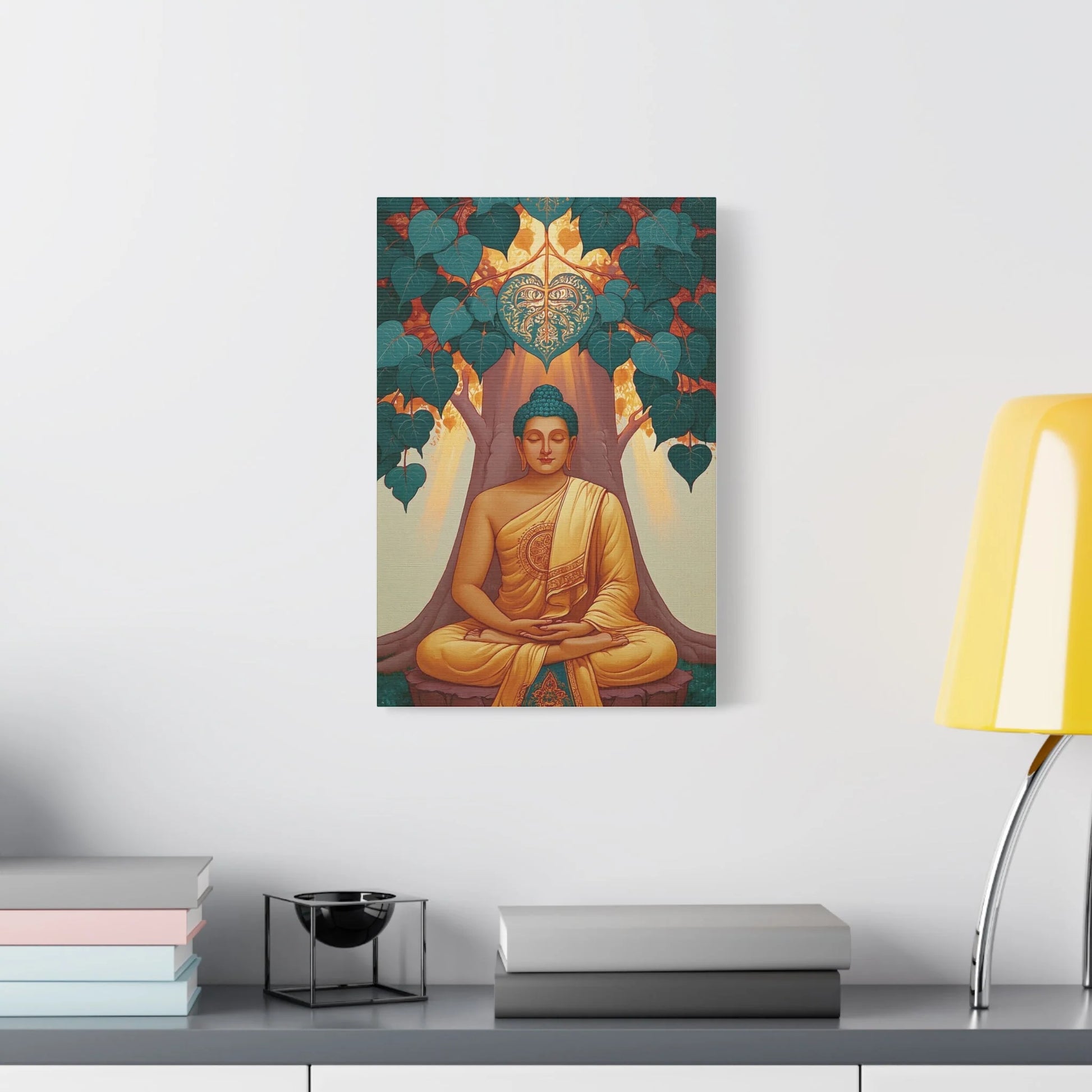 Tableau Bouddha sous l'Arbre Bodhi - Éveil de Bodh Gaya - décor salon contemporain bois