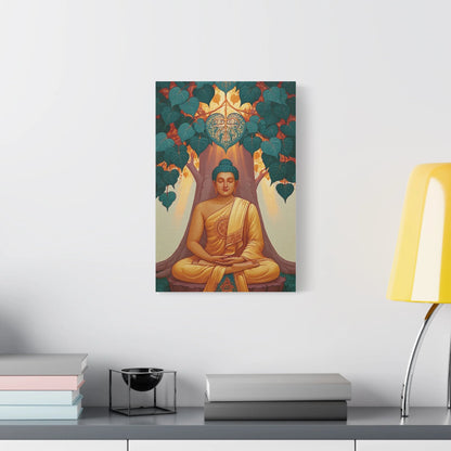 Tableau Bouddha sous l'Arbre Bodhi - Éveil de Bodh Gaya - décor salon contemporain bois