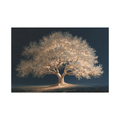 Tableau Arbre de Vie Blanc, un arbre ivoire délicatement éclairé sur un fond bleu charbon, format XXL - Art Virtuoso