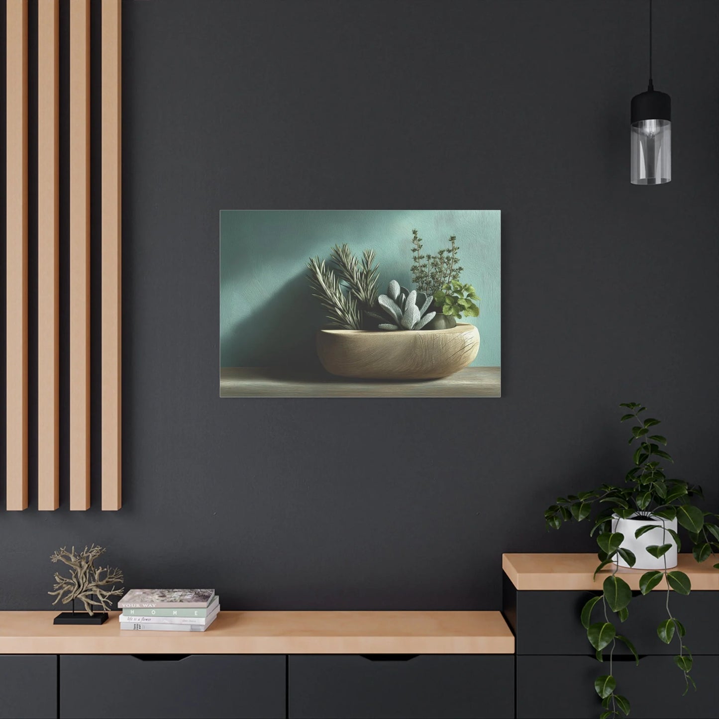 Tableau Trio plantes vert sauge bois atmosphère lumière oblique