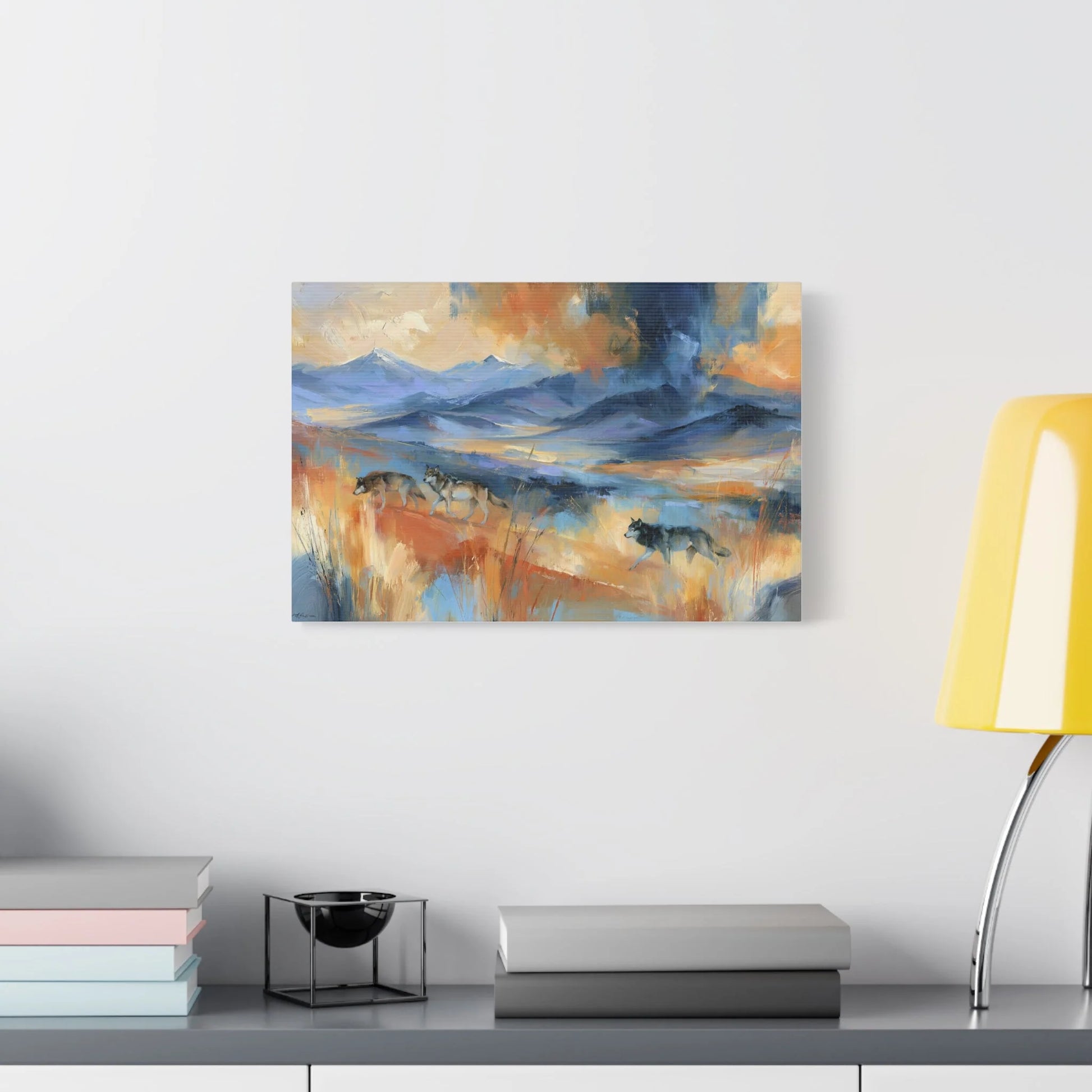 Tableau Meute de Loups - Panorama de Montagne - décor salon contemporain bois