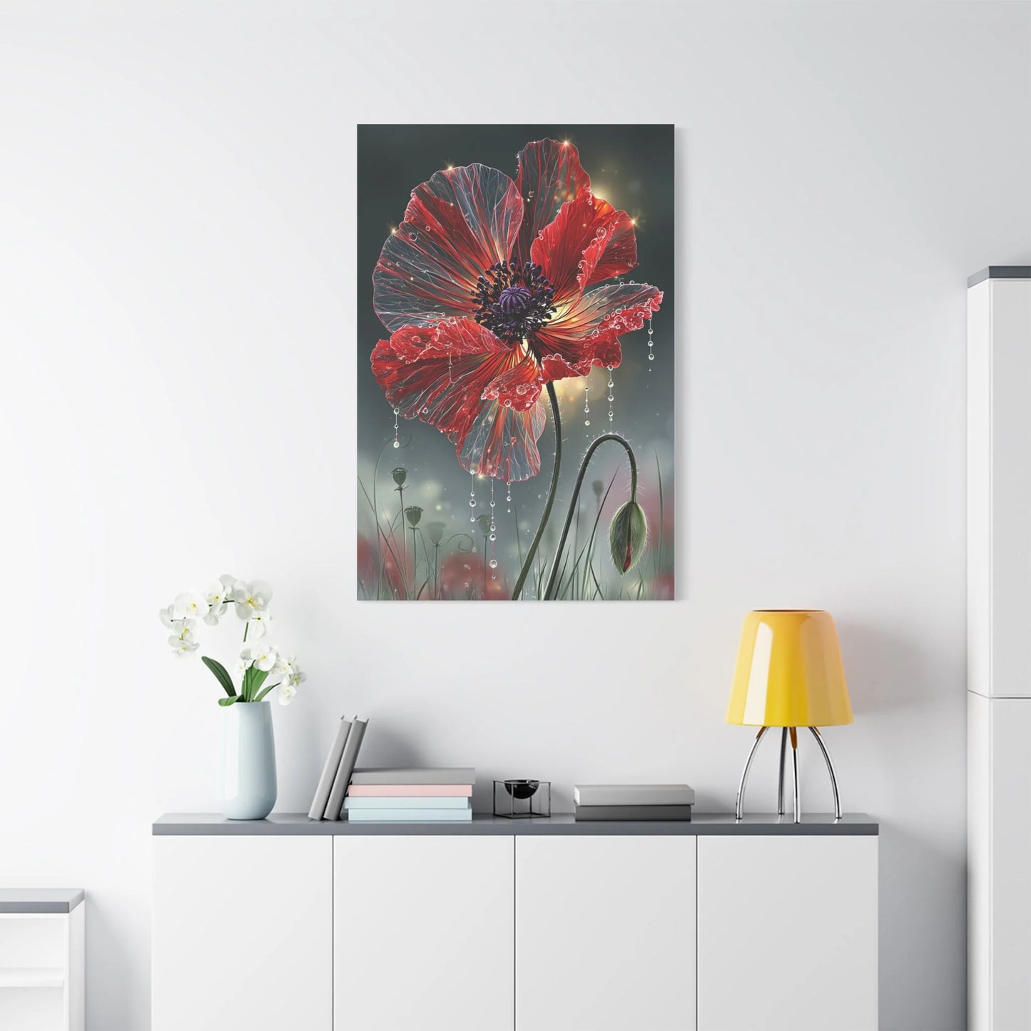 Tableau Coquelicot Macro - Pétales et Rosée d'Aube - vue mur grande hauteur