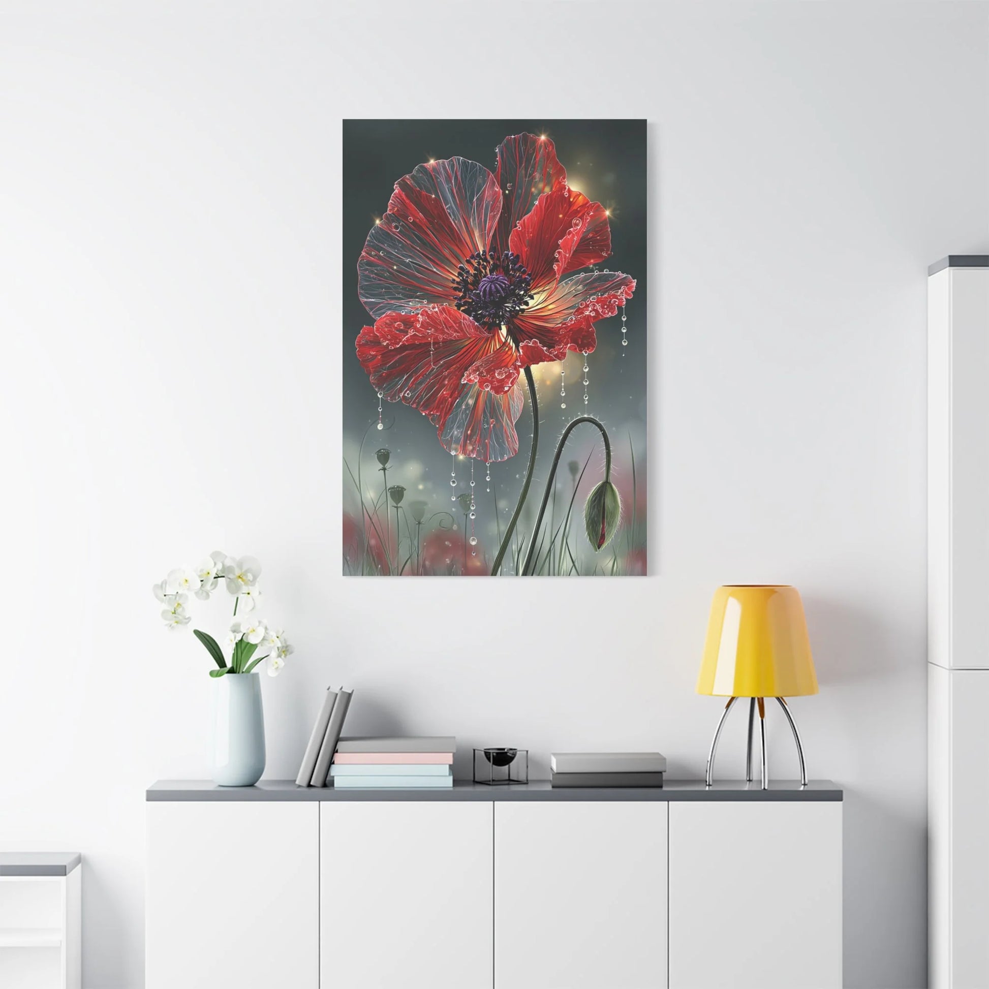 Tableau Coquelicot Macro - Pétales et Rosée d'Aube - vue mur grande hauteur
