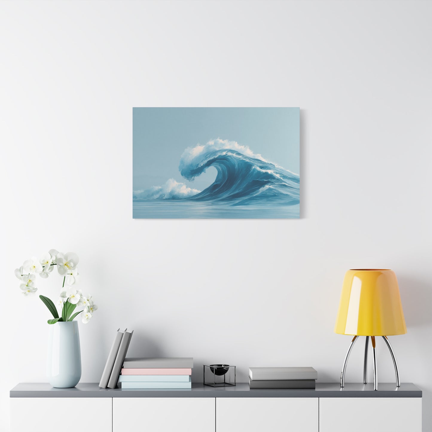 Grande vague bleue minimaliste avec ecume blanche sur fond clair - Art Virtuoso - vue 13/20