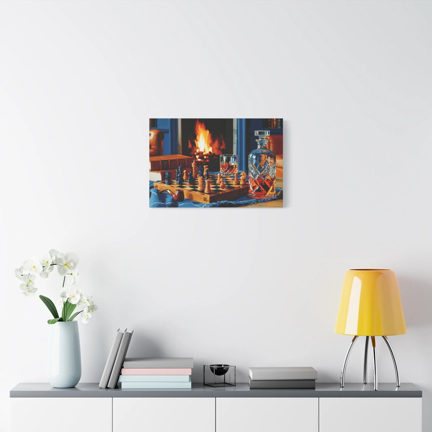 Tableau Nature Morte Échiquier Pipe Livre - Soirée Bibliothèque - ambiance chambre adulte