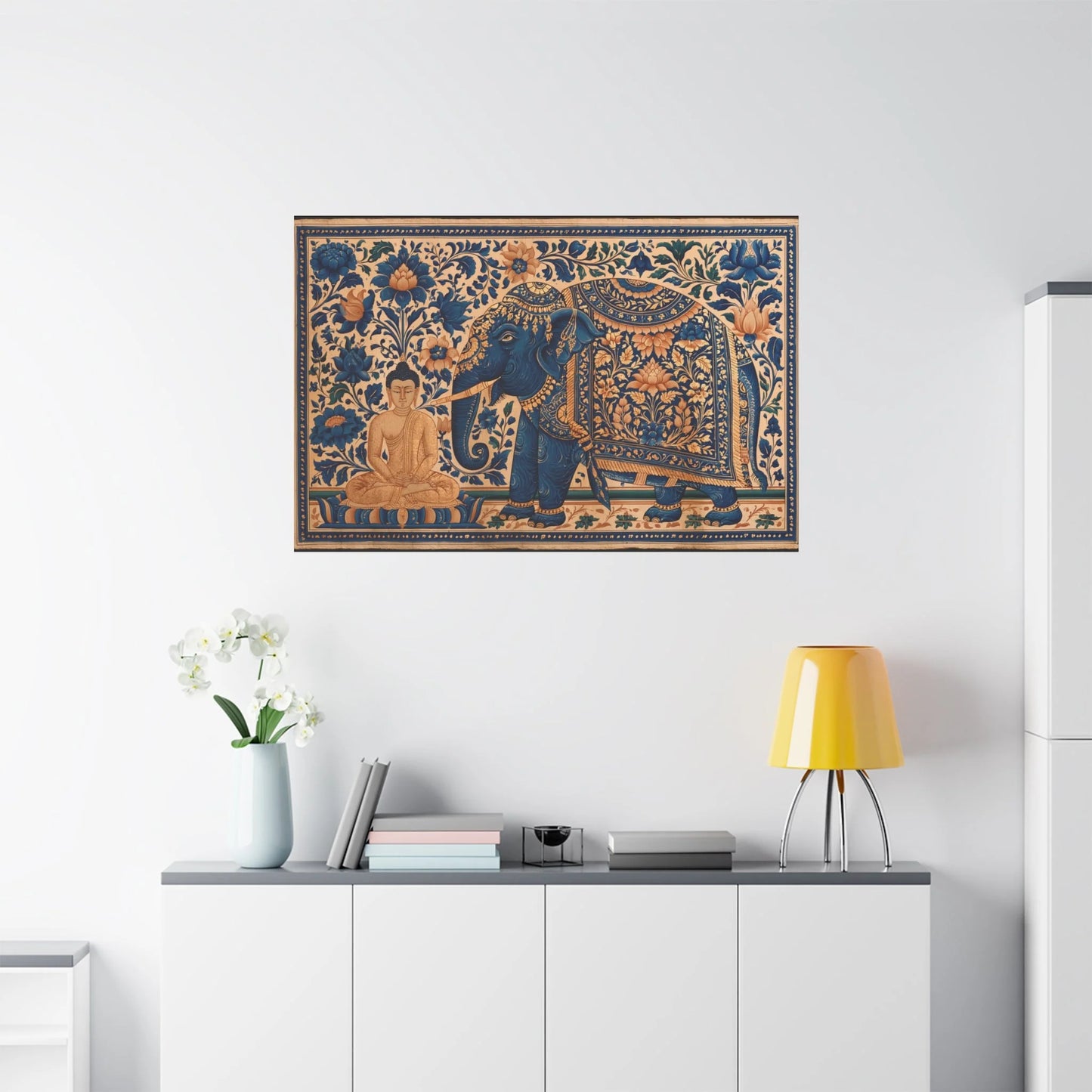 Tableau Bouddha et Éléphant - Miniature Indienne - vue mur grande hauteur
