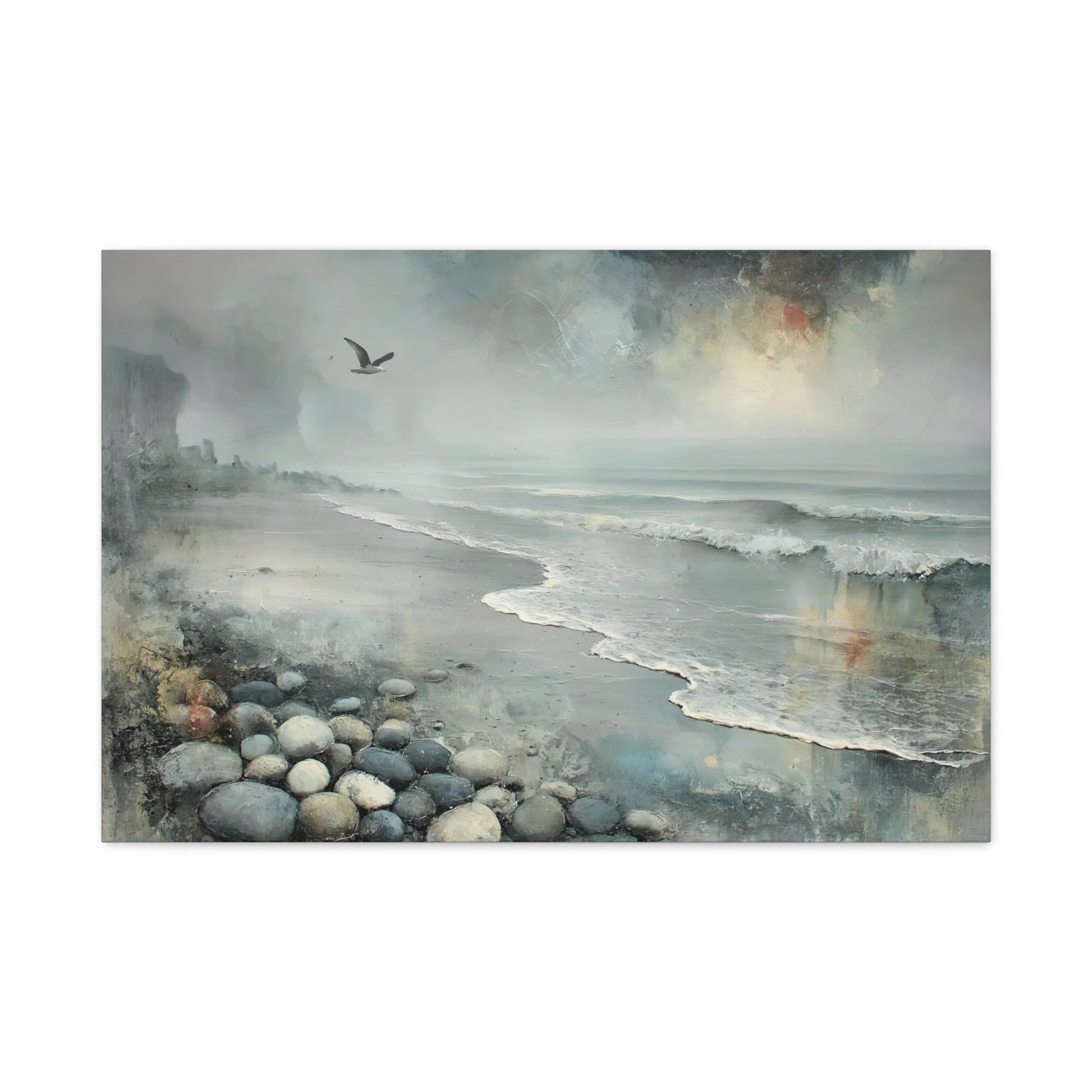 Tableau Plage galets brumeuse mouette palette gris bleuté