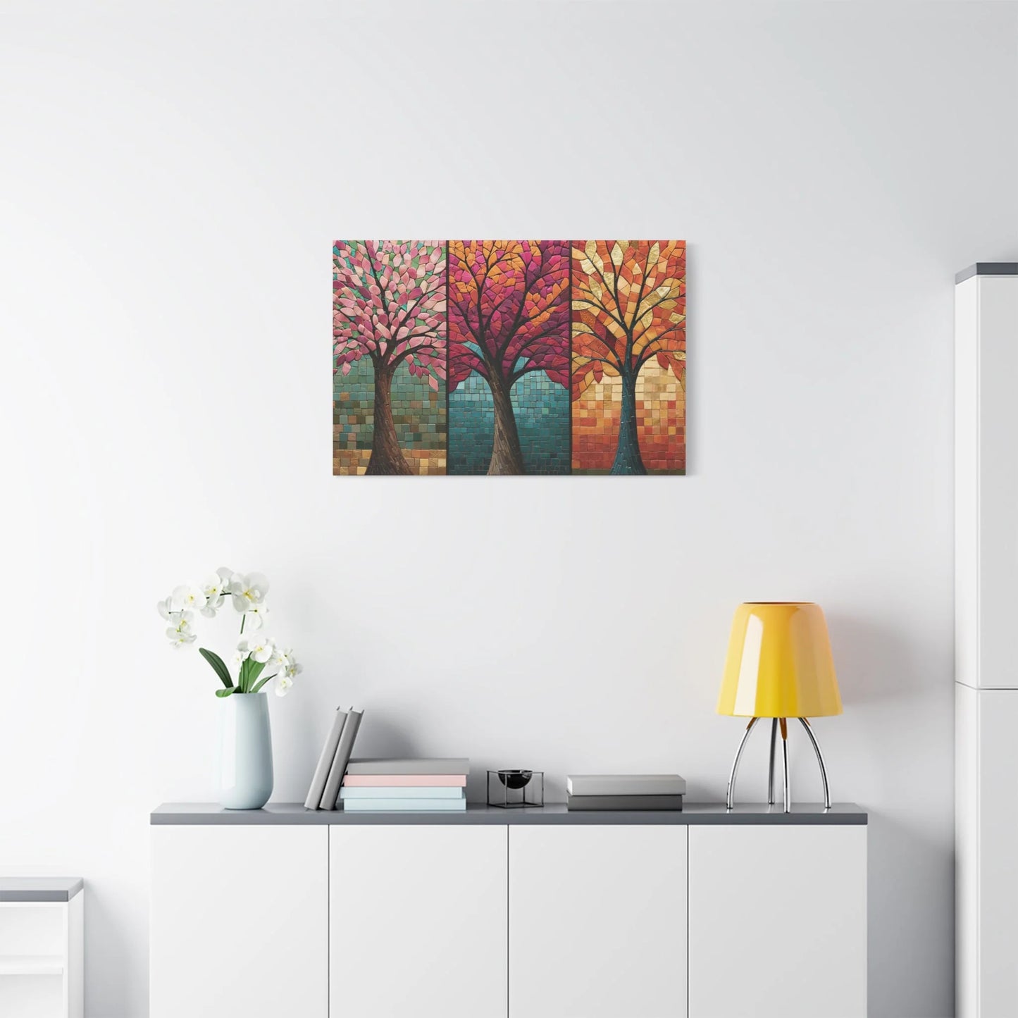 Tableau en Mosaïque Triptyque Arbre des Saisons - Cycle Vivant - ambiance loft haut de plafond