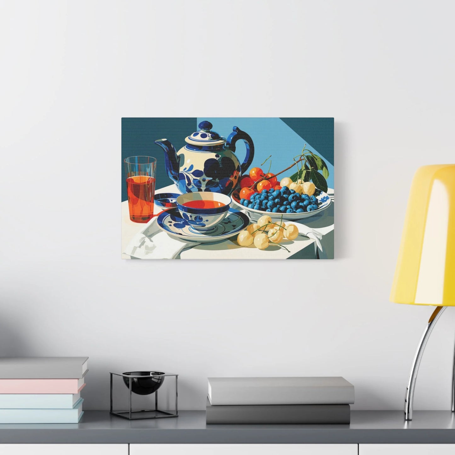 Tableau Nature Morte Porcelaine Delft Bleu Indigo - Silence de Faïence - décor salon contemporain bois