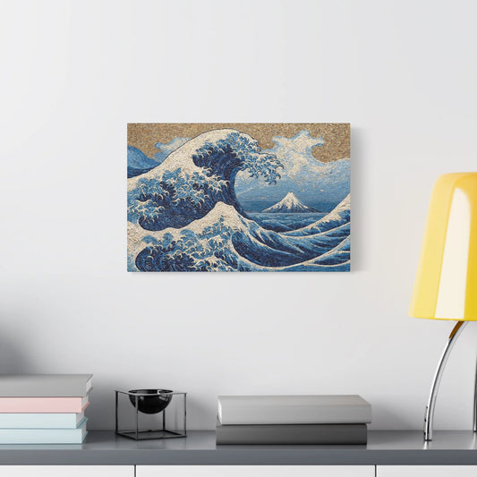 Tableau en Mosaïque Vague Hokusai - Écume de Tesselles - décor salon contemporain bois