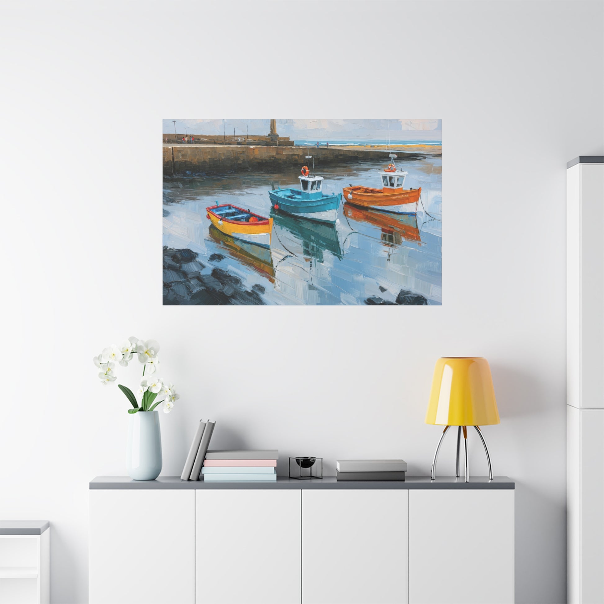 Port breton avec trois barques colorees et reflets dans l eau calme - Art Virtuoso - vue 19/20