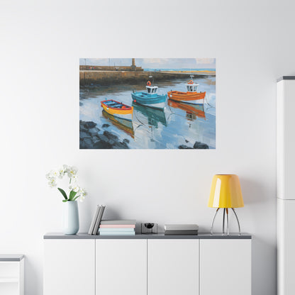 Port breton avec trois barques colorees et reflets dans l eau calme - Art Virtuoso - vue 19/20
