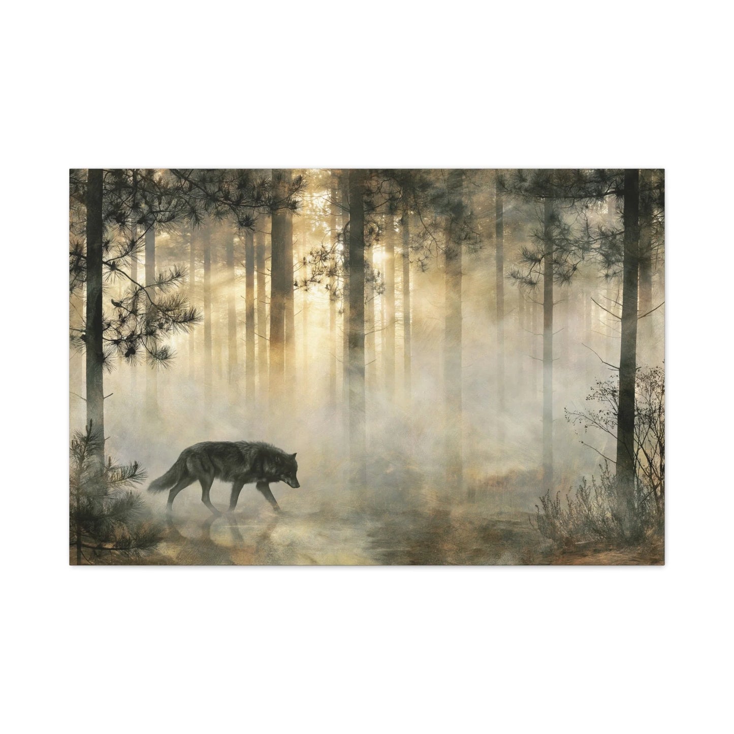 Tableau Loup en Forêt - Voile de Brume à l'Aube - ambiance bureau créatif