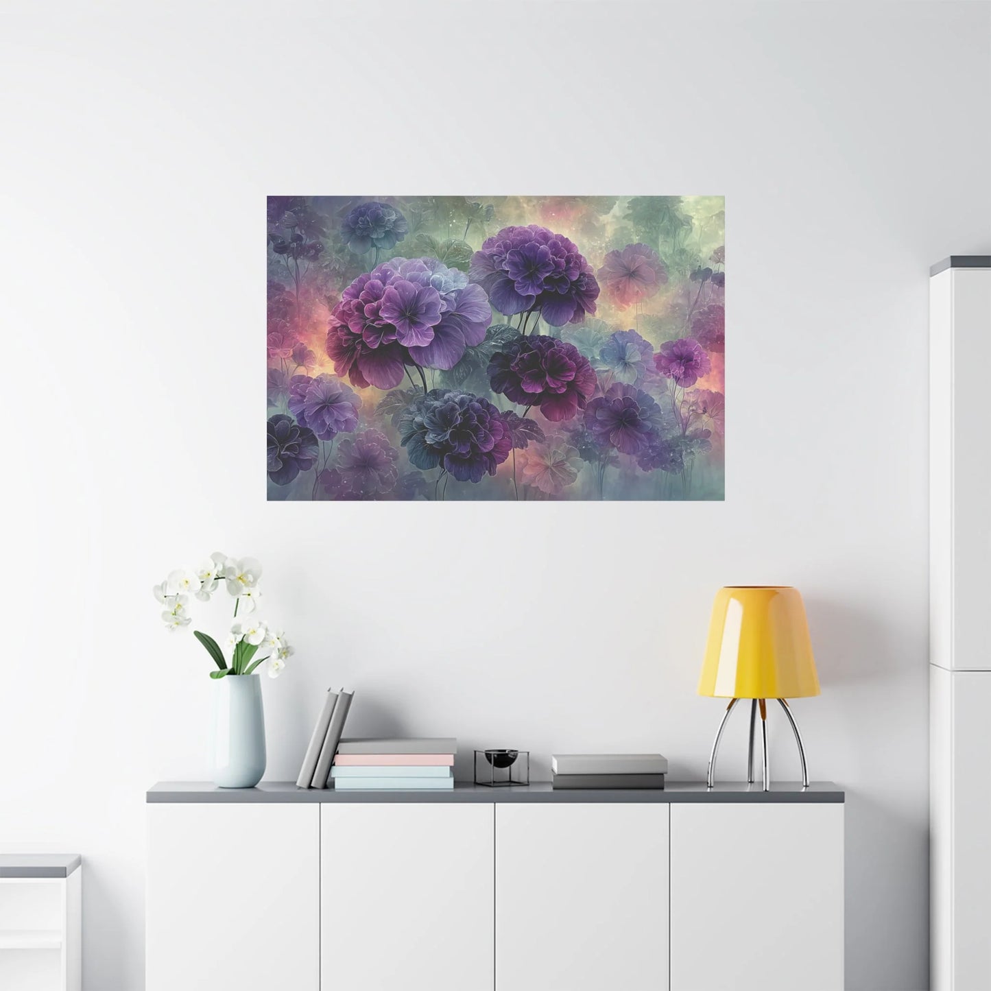 Tableau Hortensia violet dans un salon contemporain