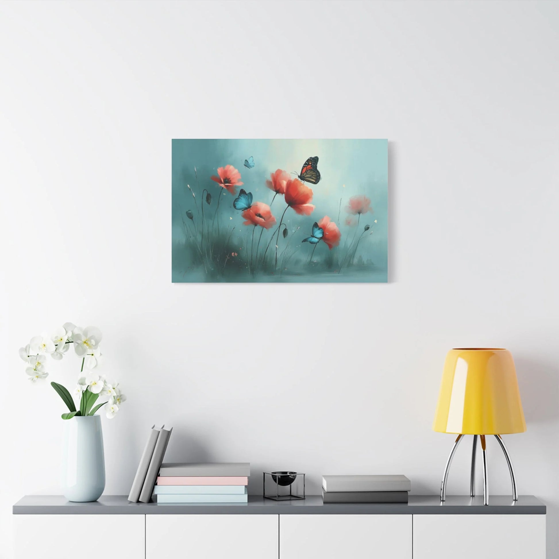 Tableau Coquelicots et Papillons - Romantisme Botanique - grand format salon spacieux