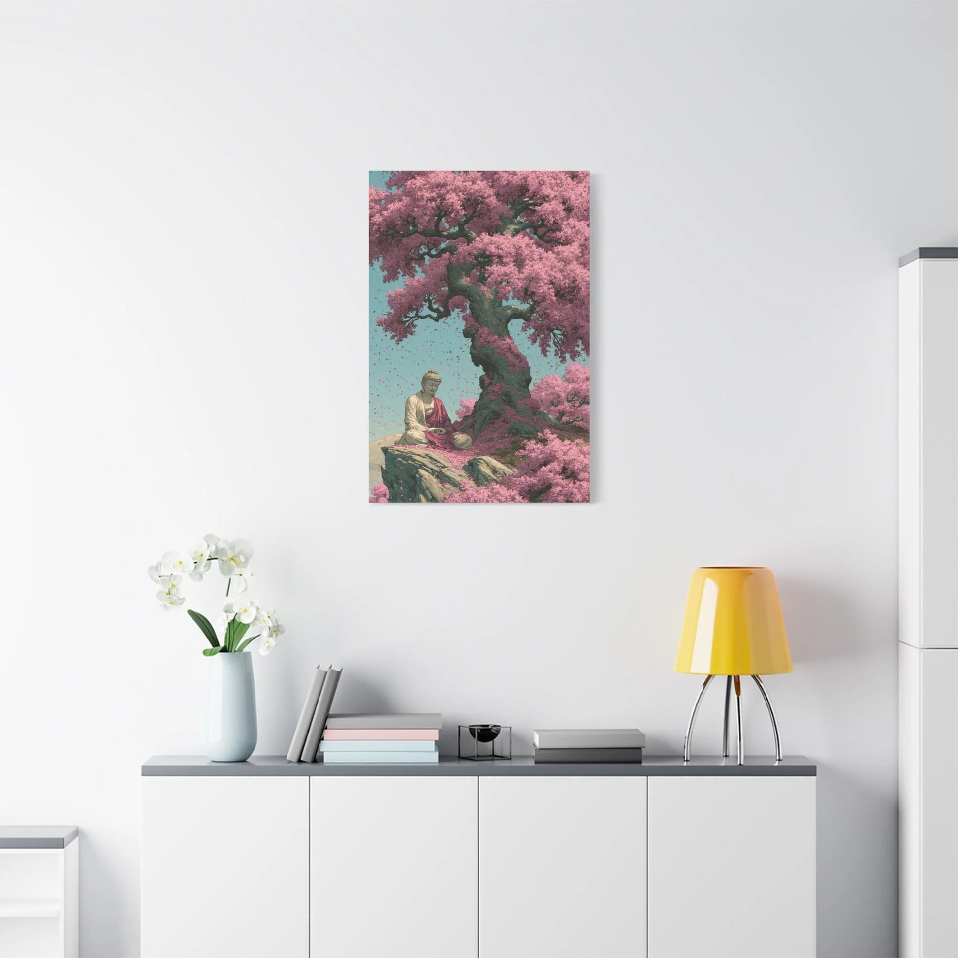 Tableau Bouddha Sakura - Cerisier en Fleurs Japonais - ambiance loft haut de plafond