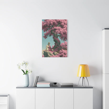 Tableau Bouddha Sakura - Cerisier en Fleurs Japonais - ambiance loft haut de plafond