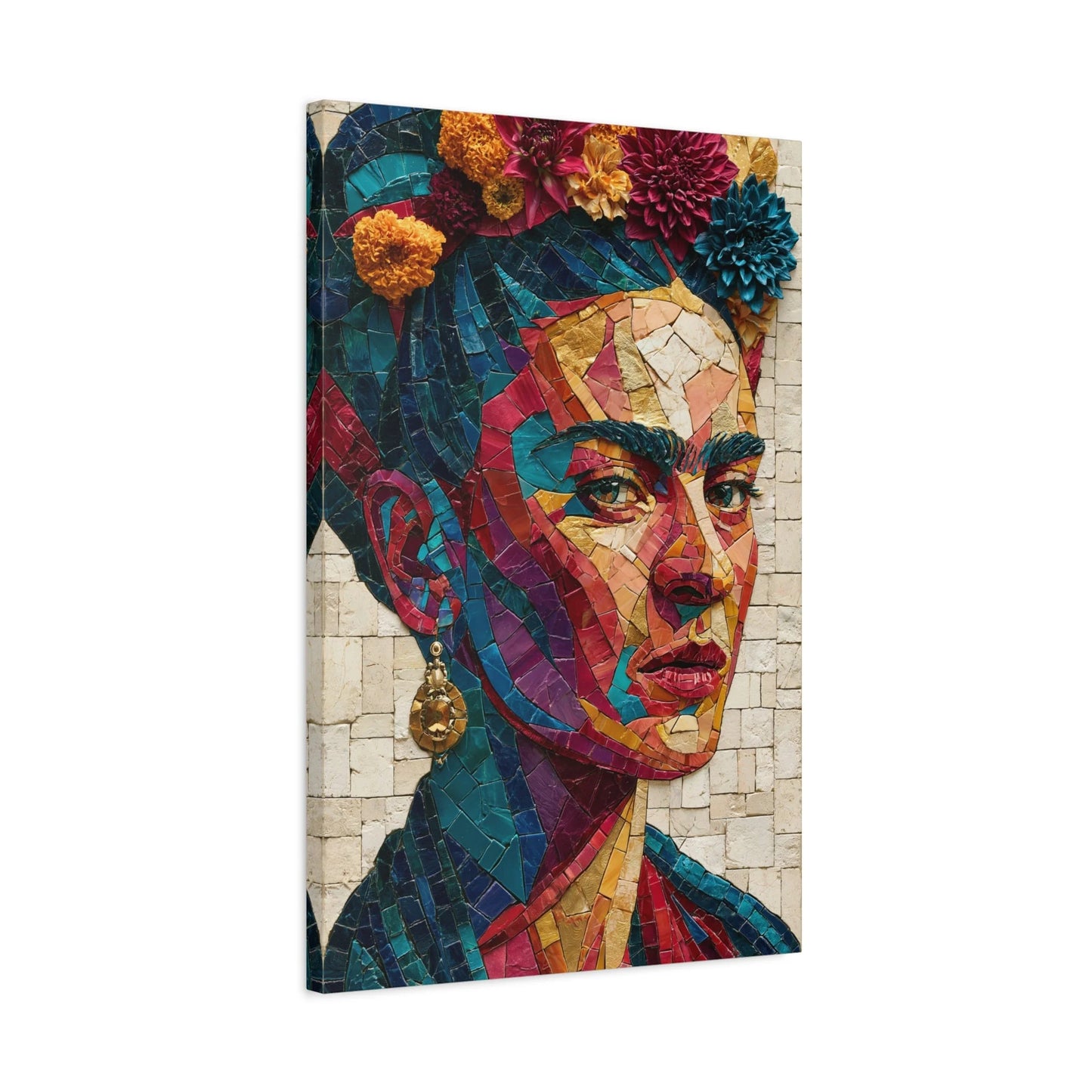 Tableau en Mosaïque Frida Kahlo Fleurie - Couronne Viva - mise en scène mur pierre apparente